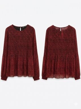 Zara Burgundy Printed Peplum Blouse